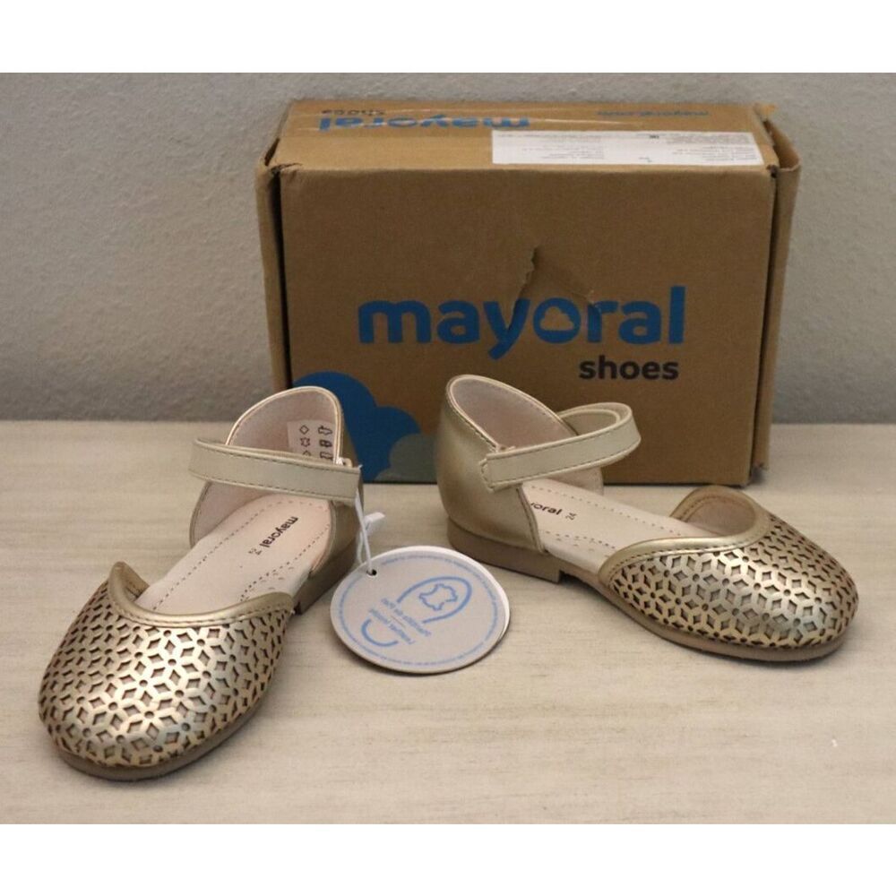 Mayoral 41.444 Little Girls Sz 7.5 Gold Pala Talon Troquel Eyelet Dress Shoes